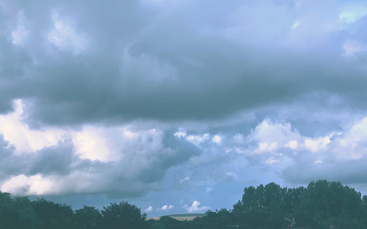 Heavy blue-grey clouds over a distant tree line