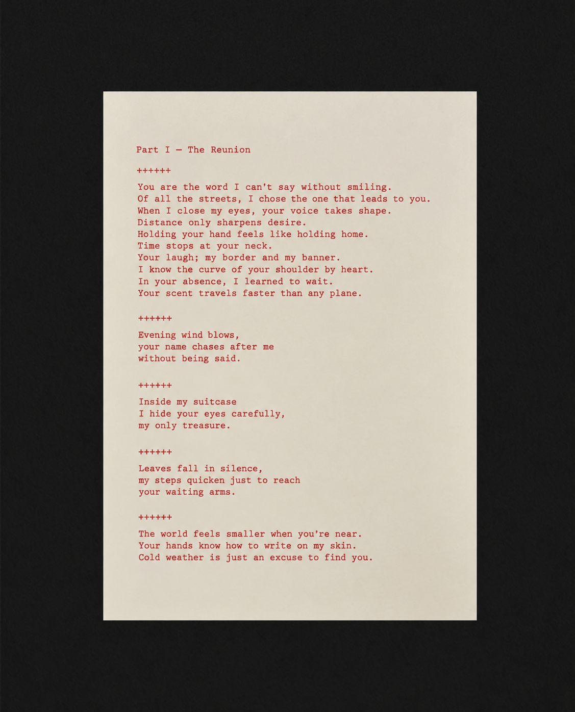 Part I — The Reunion. Poetry and haiku in red type on cream paper.