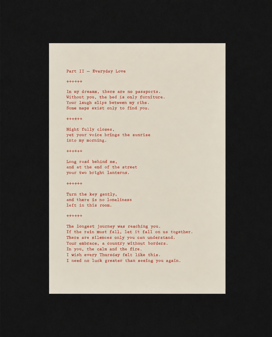 Part II — Everyday Love. Poetry and haiku in red type on cream paper.