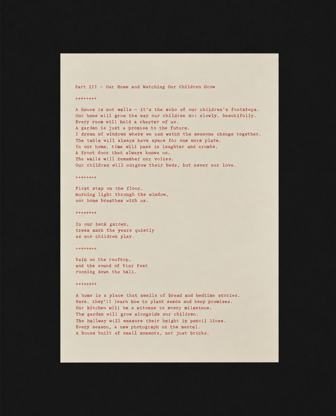 Part III — Our Home and Watching Our Children Grow. Poetry and haiku in red type on cream paper.
