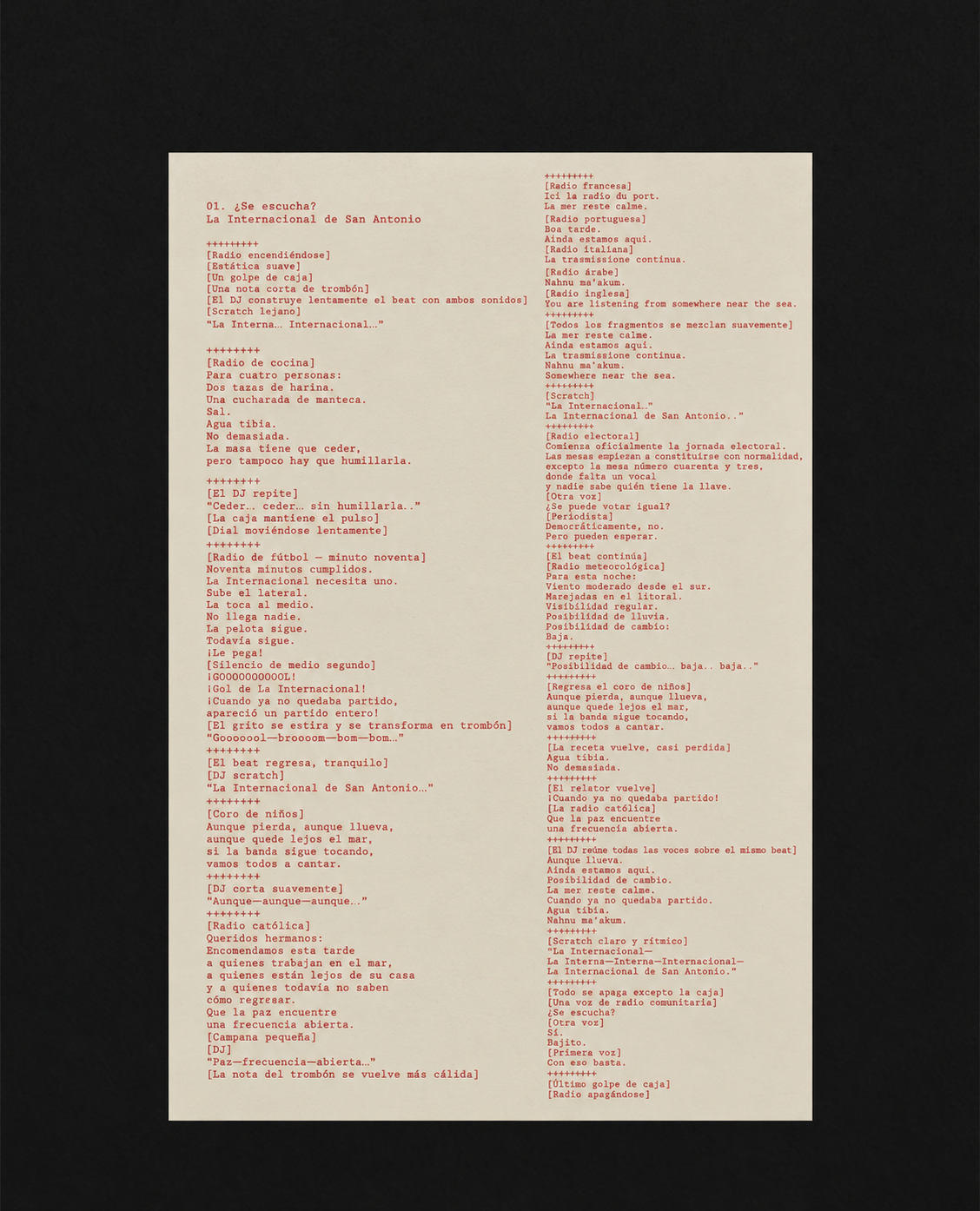 ¿Se escucha? — La Internacional de San Antonio. A typewritten lyric sheet in red ink, with radio voices, a recipe and football commentary.